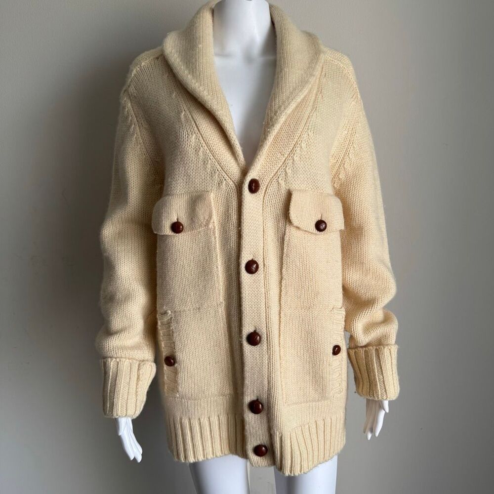 Vintage 100% Wool Fisherman Cardigan Cream Shawl Collar Hong Kong Heritage Knit